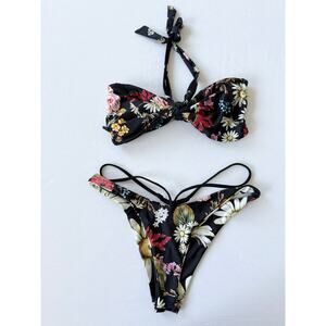 Agua Bendita Bikini Black Floral Print Hera Moss Top and Bottom Size M